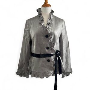 Chic Silver Women's Blazer with Ruffle Trim